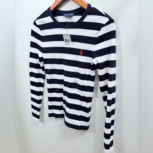 NWT Ralph Lauren Navy & White Striped Long Sleeve Shirt Size M - Picture 2 of 6